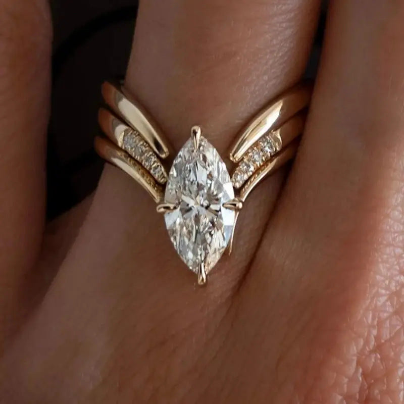 Marquise Cut Diamond Statement Ring Unique Curved Split Band Engagement Promise Ring For Women