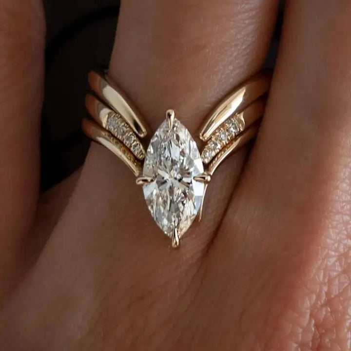 Marquise Cut Diamond Statement Ring Unique Curved Split Band Engagement Promise Ring For Women