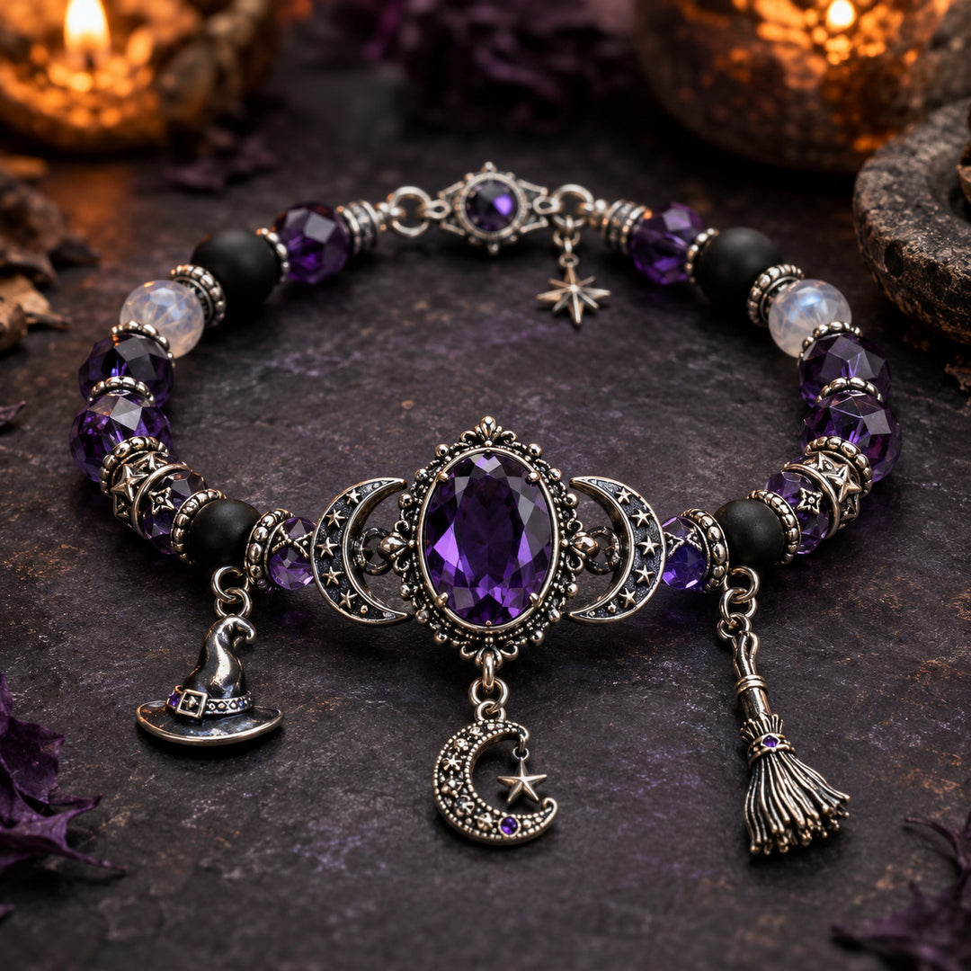 Mystic Purple Gemstone Beaded Stretch Bracelet Solid Sterling Silver Witch Hat Broom Moon Star Charms Wiccan Statement Bracelet