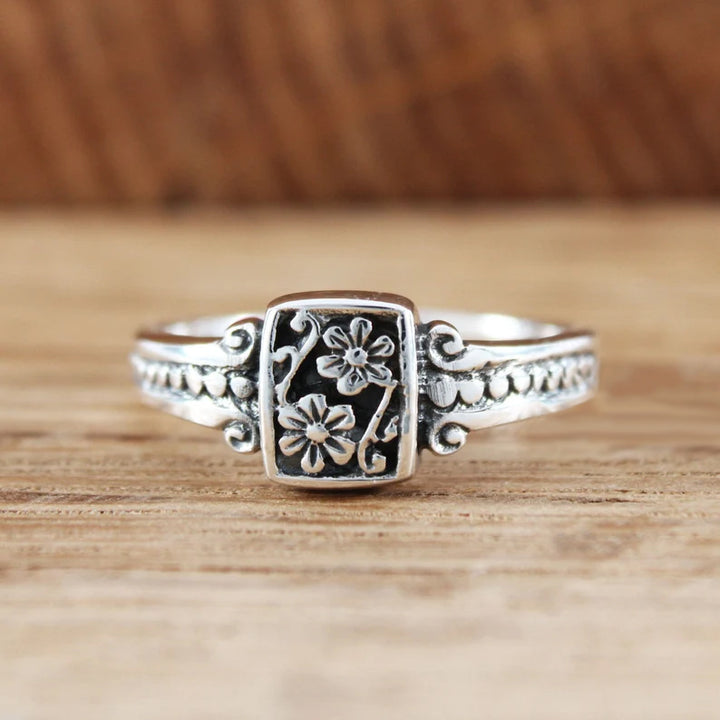 Vintage Floral Engraved Solid Silver Ring Retro Rectangle Flower Pattern Statement Ring For Women