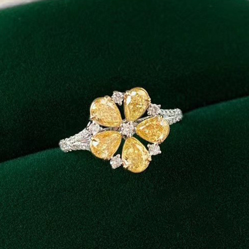 Pear‑Shaped Yellow Diamond Floral Open Adjustable Ring, Paved Split‑Shank Two‑Tone Flower Ladies Ring