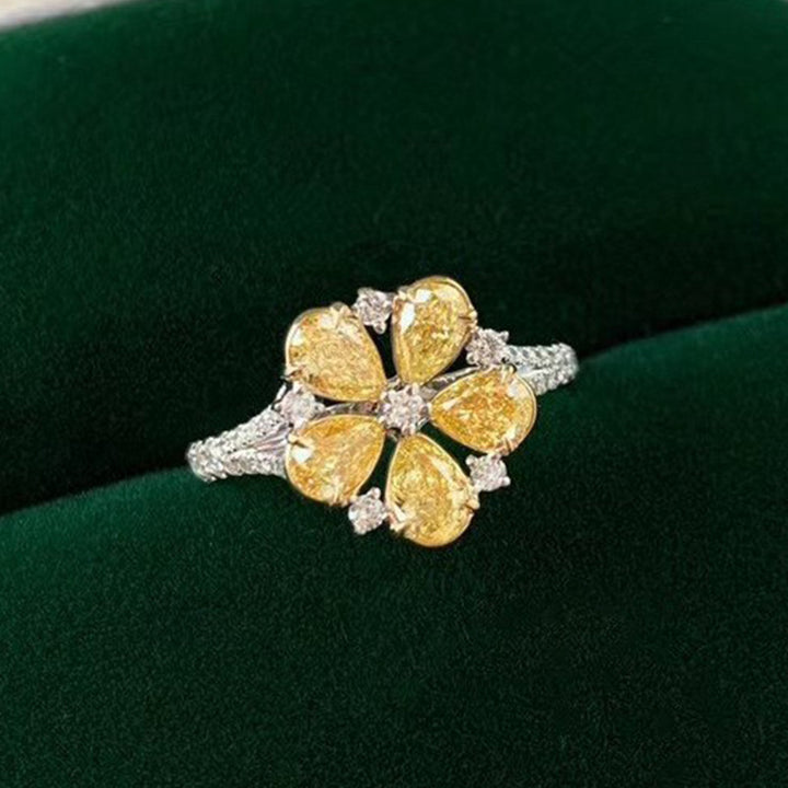 Pear‑Shaped Yellow Diamond Floral Open Adjustable Ring, Paved Split‑Shank Two‑Tone Flower Ladies Ring