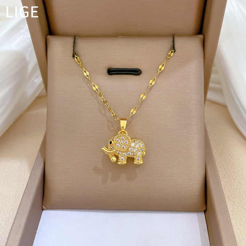 Charming Elephant Pendant Necklace, Diamond‑Inlaid 18K Gold‑Plated Sterling Silver Necklace