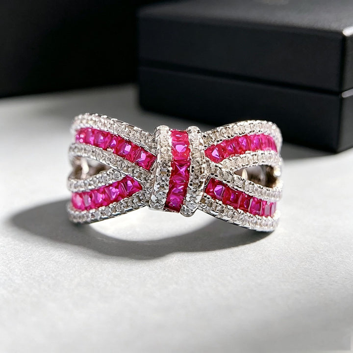 Bow‑Shaped Fuchsia Gem Diamond Wide Band Ring Hollow Intertwined Vintage Women’s Ring