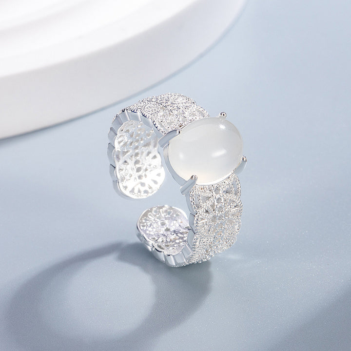 Openwork Filigree Chalcedony Ring Women Silver Hollow Carved Adjustable Elegant Jewelry