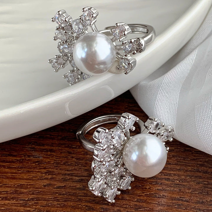 Sterling Silver Pearl Diamond Snowflake Statement Open Ring Luxury Round Pearl Cocktail Ring
