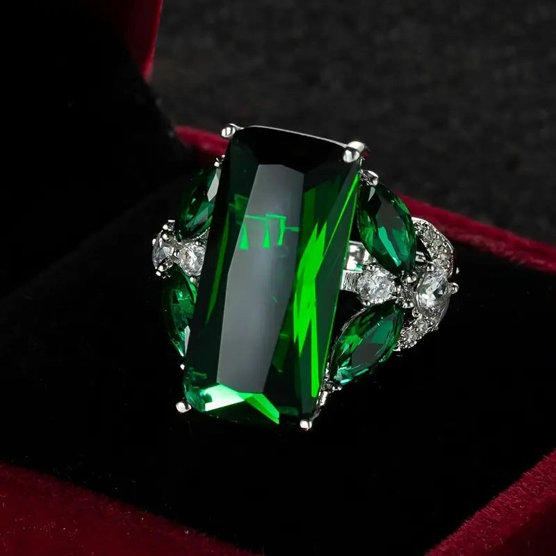 Emerald Green Rectangular Cut Statement Ring Women Big Stone Cocktail Ring with Marquise Side Diamonds
