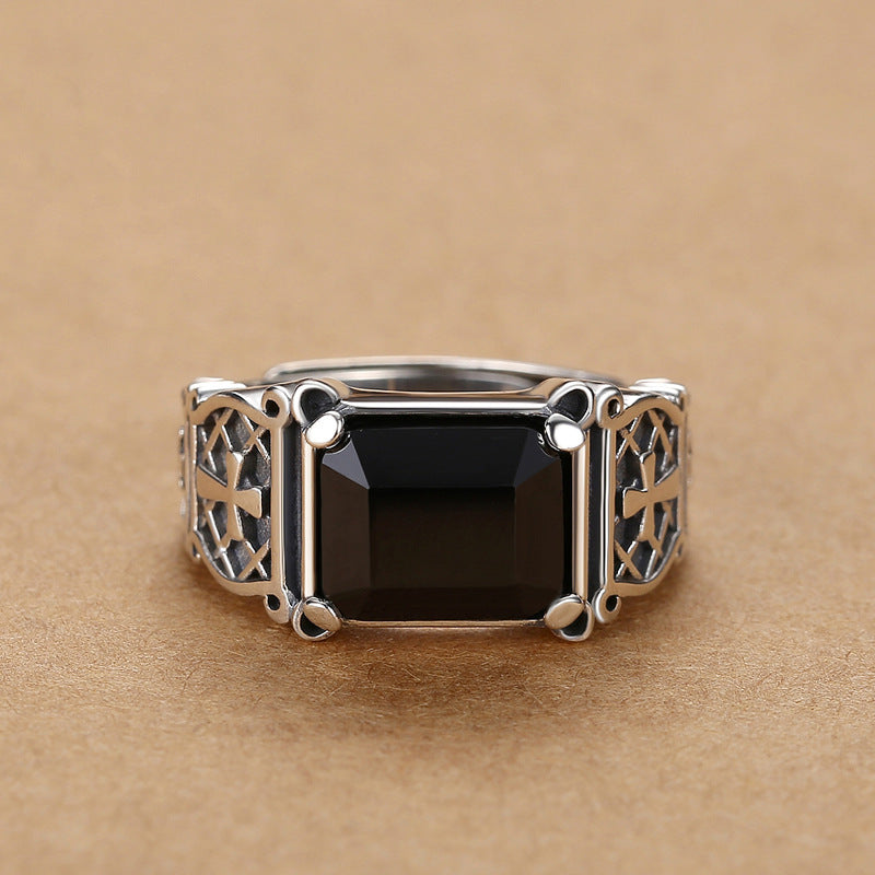 Vintage Rectangle Obsidian Solid Sterling Silver Adjustable Open Ring Men Retro Hollow Cross Carved Statement Ring