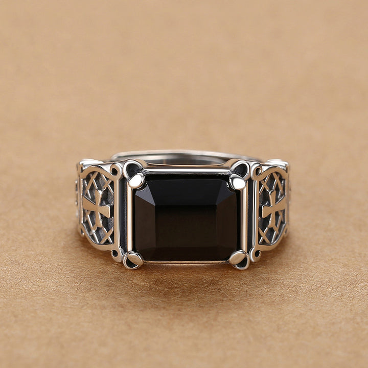 Vintage Rectangle Obsidian Solid Sterling Silver Adjustable Open Ring Men Retro Hollow Cross Carved Statement Ring