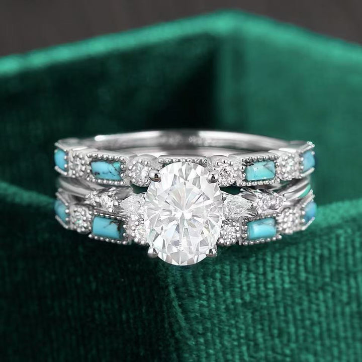 Oval Cut Diamond Turquoise Bridal Ring Set For Women Engagement Wedding Stackable Promise Jewelry