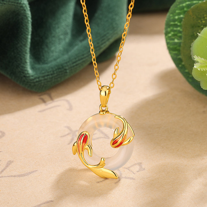 Koi Fish Peace Buckle Chalcedony Necklace Women Vermeil Gold Lucky Pendant