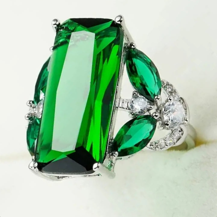 Emerald Green Rectangular Cut Statement Ring Women Big Stone Cocktail Ring with Marquise Side Diamonds