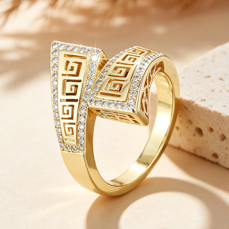 Vintage Geometric Bypass Statement Ring For Women Greek Key Pattern Diamond Inlaid Fashion Jewelry