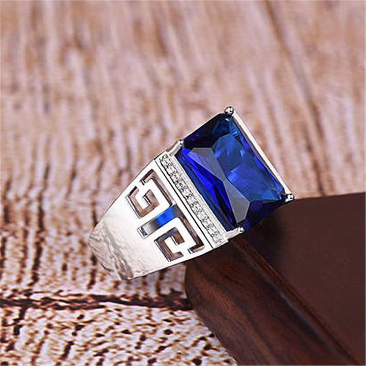 Adjustable Open‑Band Hollow Greek‑Key Men’s Ring Wide Band With Gem & Diamond Accent