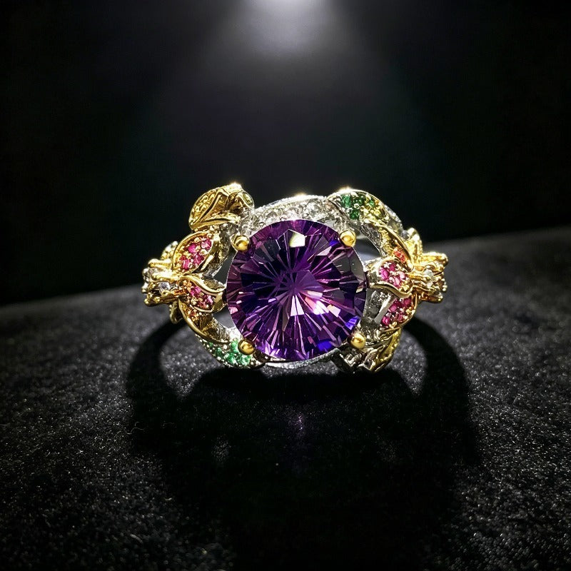 Amethyst Butterfly Statement Ring Women Vintage Two Tone Firework Cut Cocktail Ring