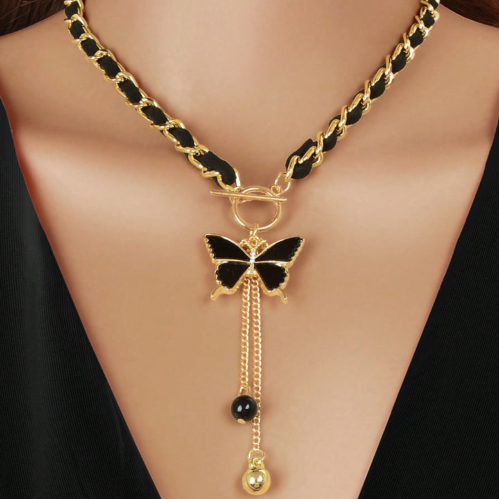 Black Butterfly Tassel Choker Necklace Beaded Pendant Necklace For Women Trendy Daily Party Jewelry