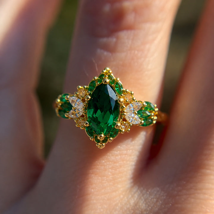 Marquise Emerald Halo Diamond Accent Ring Vintage Ornate Cluster Engagement Ring Luxury Botanical Bridal Statement Ring Adjustable Open Band