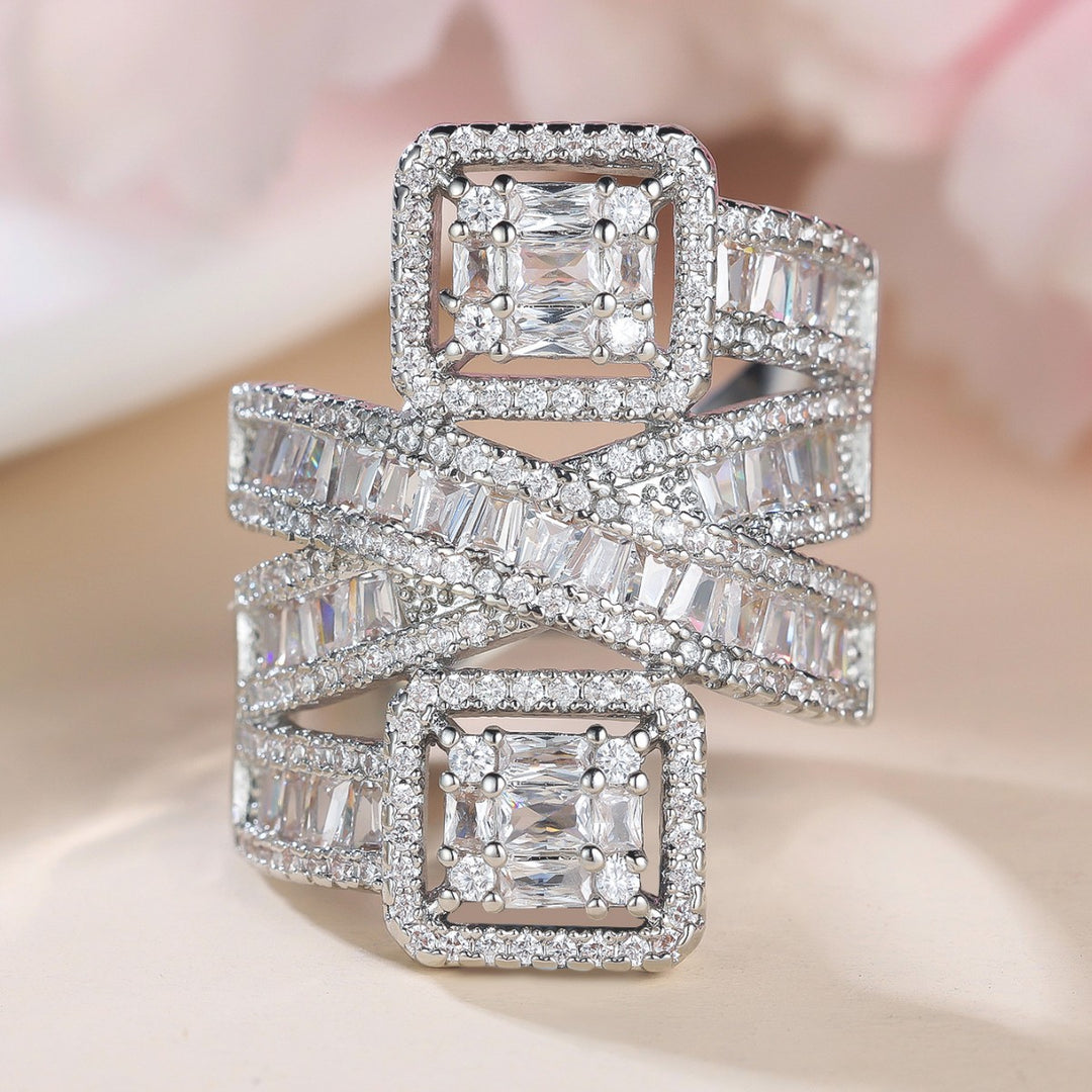 Dual‑Square‑Stone Intertwined Ring Heavy‑Set Full‑Paved Cross‑Design Band