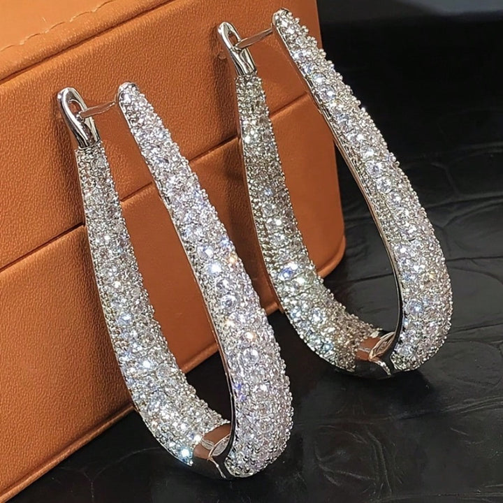 Pave Diamond V Shape Hoop Earrings Women Teardrop Huggie Earrings Silver Tone Wedding Party Jewelry