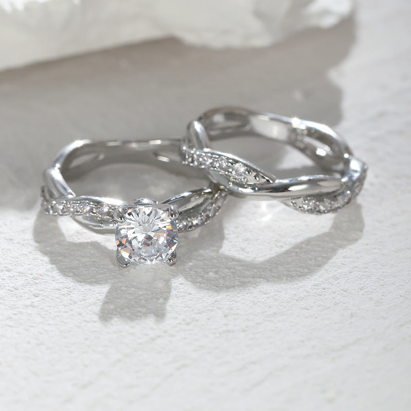 Twisted Infinity Band Round Diamond Couple Ring Set Engagement Wedding Promise Bridal Stackable Statement Jewelry