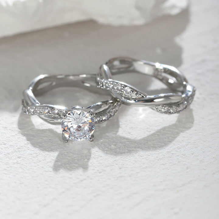 Twisted Infinity Band Round Diamond Couple Ring Set Engagement Wedding Promise Bridal Stackable Statement Jewelry
