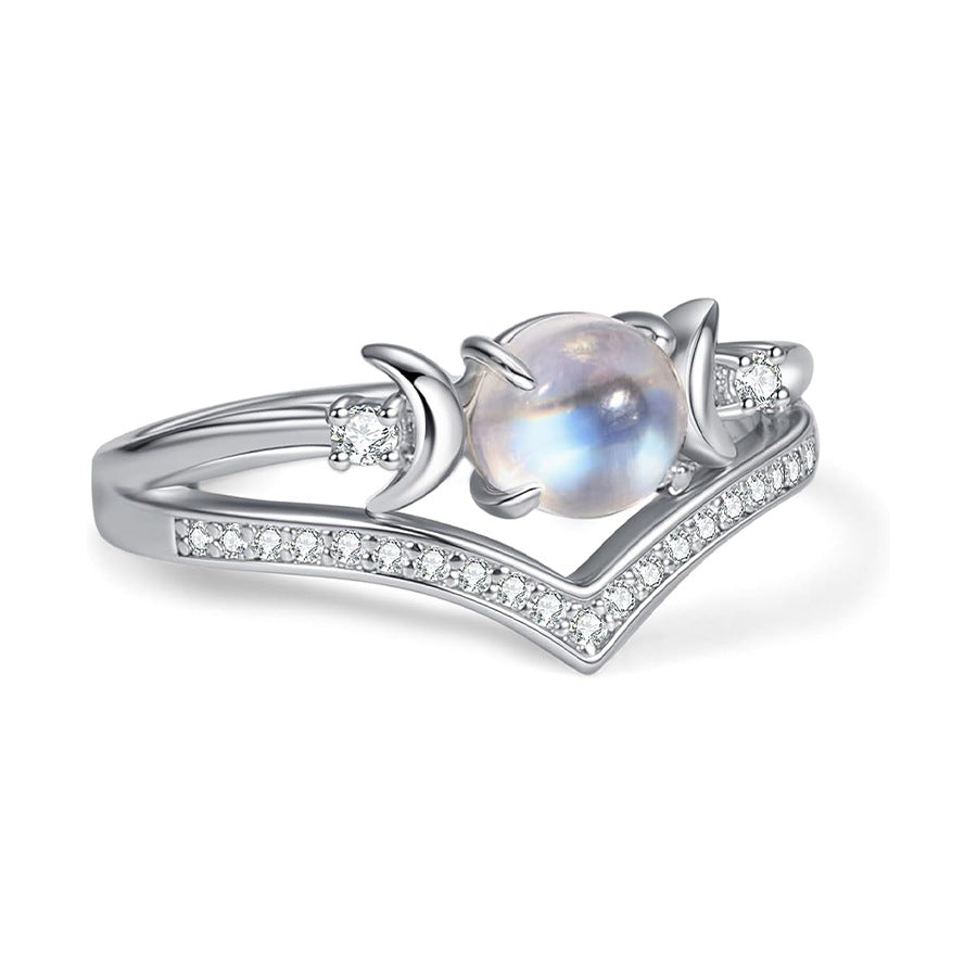 Crescent Natural Gemstone Ring Pure Silver Diamond V Shape Stackable Ring For Women