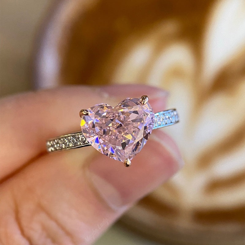 Heart Pink Diamond Paved Thin Ring Elegant Womens Diamond Band