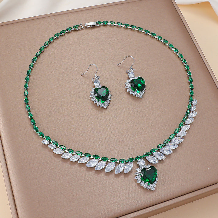 Emerald Green Heart Jewelry Set Women Necklace Earrings Diamond Silver Luxury Gift