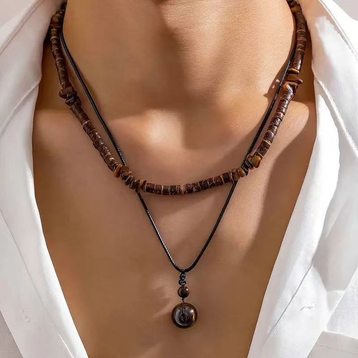 Men's Layered Beaded Necklace Natural Wood Turquoise Tiger Eye Leather Cord Pendant Necklace
