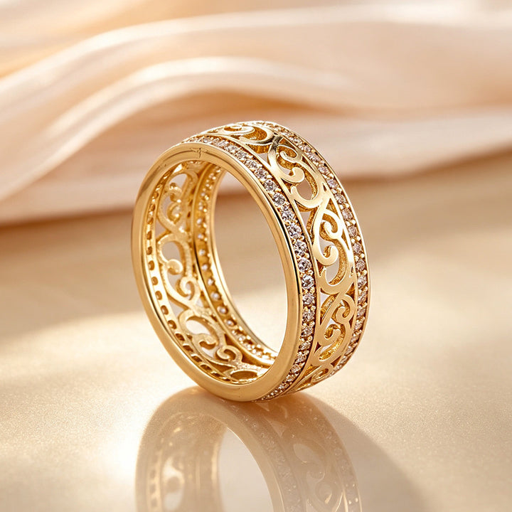 Vintage Filigree Band Ring Hollow Scroll Pattern Stackable Ring Pave Diamond Eternity Statement Ring For Women