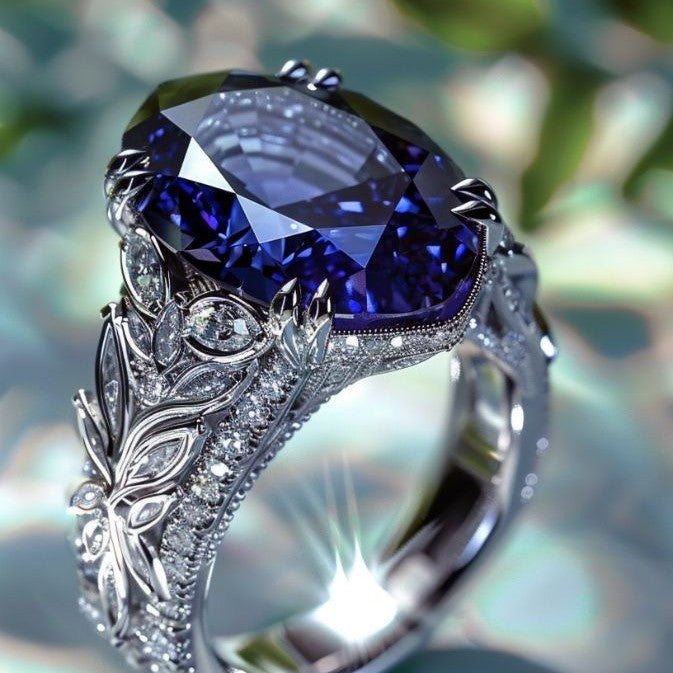 Oval Blue Sapphire Vintage Filigree Ring Women Art Nouveau Leaf Butterfly Engagement Ring