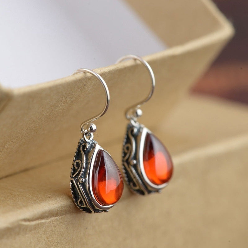 Vintage Teardrop Gem Dangle Earrings For Women Retro Carved Pattern Drop Ear Jewelry