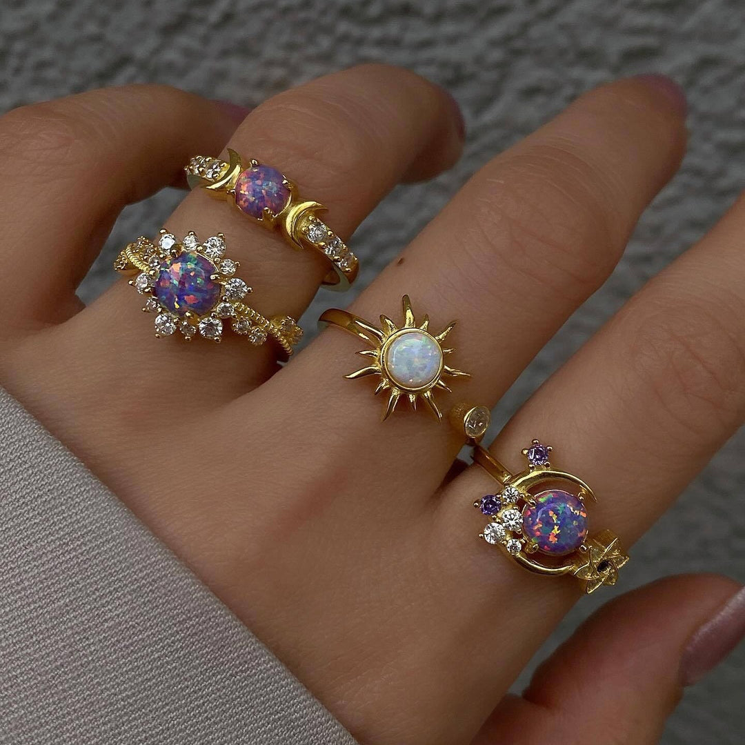 Sun Moon Star Opal Stackable Ring Celestial Statement Ring Vintage Aesthetic Open Band Ring Mystical Astrology Jewelry Gift For Women