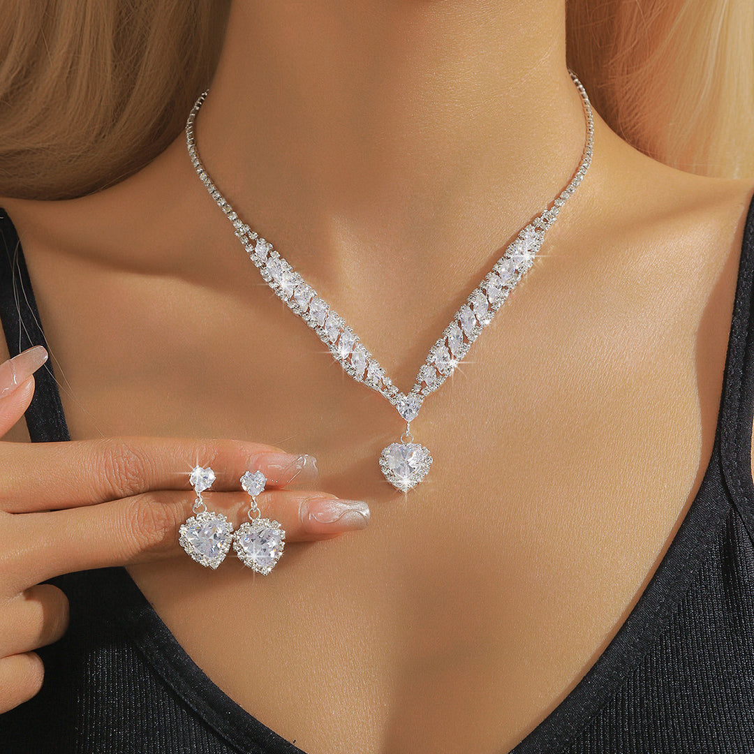 Heart Diamond Necklace Earring Jewelry Set Elegant V Shape Women Formal Jewelry Set