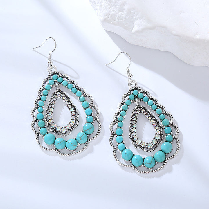 Bohemian Multi‑Layer Teardrop Turquoise Hook Earrings Vintage Hollow Ethnic Style Earrings For Women