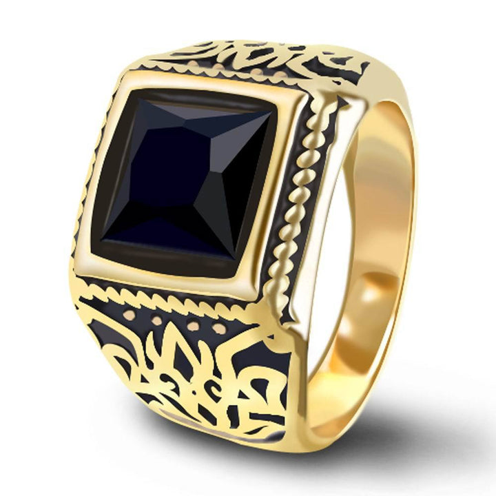 Vintage Carved Square Obsidian Wide Band Ring Men Antique Pattern Signet Ring