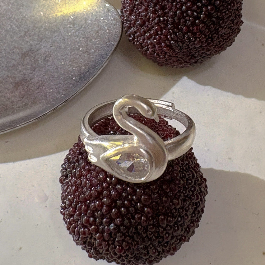 Swan Shape Adjustable Statement Ring Solid Sterling Silver Teardrop Diamond Inlaid Elegant Animal Inspired Ring