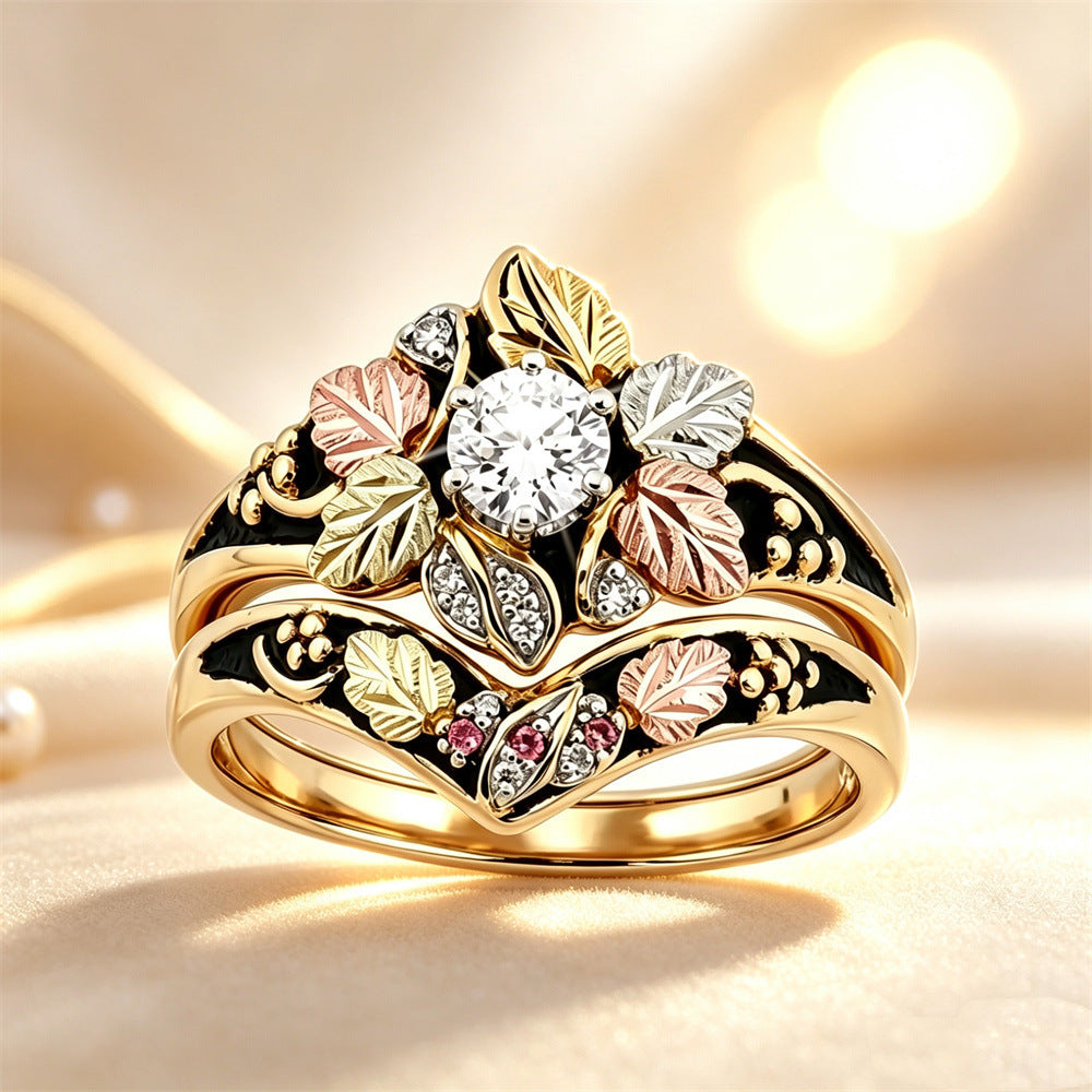 Multi Tone Leaf Diamond Ring Set Vintage Enamel Stackable Two Piece Rings For Women