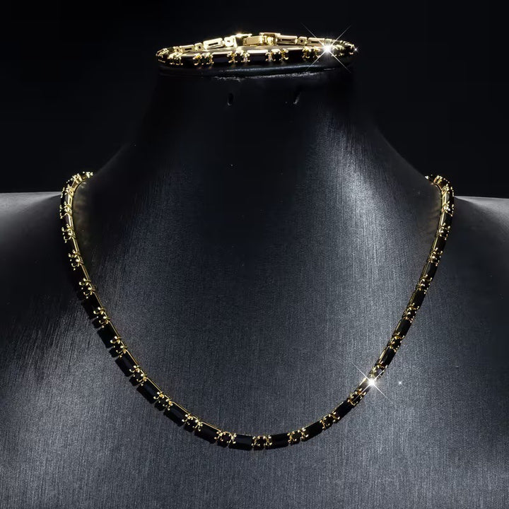 Hip Hop Black Diamond Tennis Jewelry Set, 18K Gold Sterling Silver Necklace And Bracelet Set