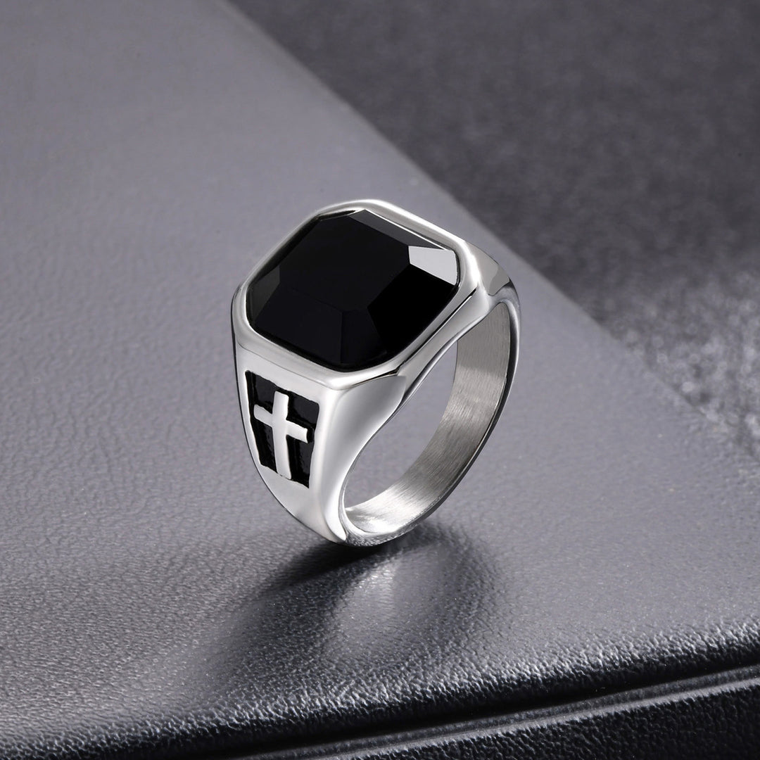 Cross Black Gemstone Men Wide Band Ring Retro Square‑Cut Signet Ring