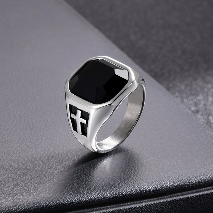 Cross Black Gemstone Men Wide Band Ring Retro Square‑Cut Signet Ring
