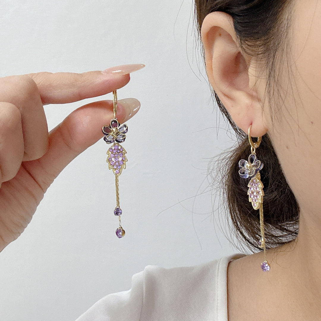 Purple Floral‑Leaf Tassel Long Drop Earrings Vintage Elegant Dangle Earrings