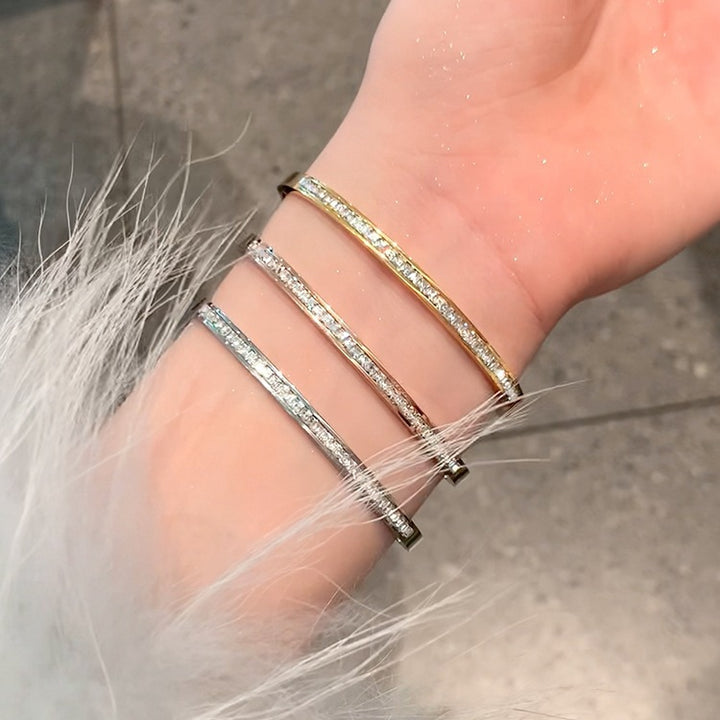 Channel Set Diamond Bangle Thin Stackable Solid Silver & Solid Silver 18K Gold Plated Bracelet For Women