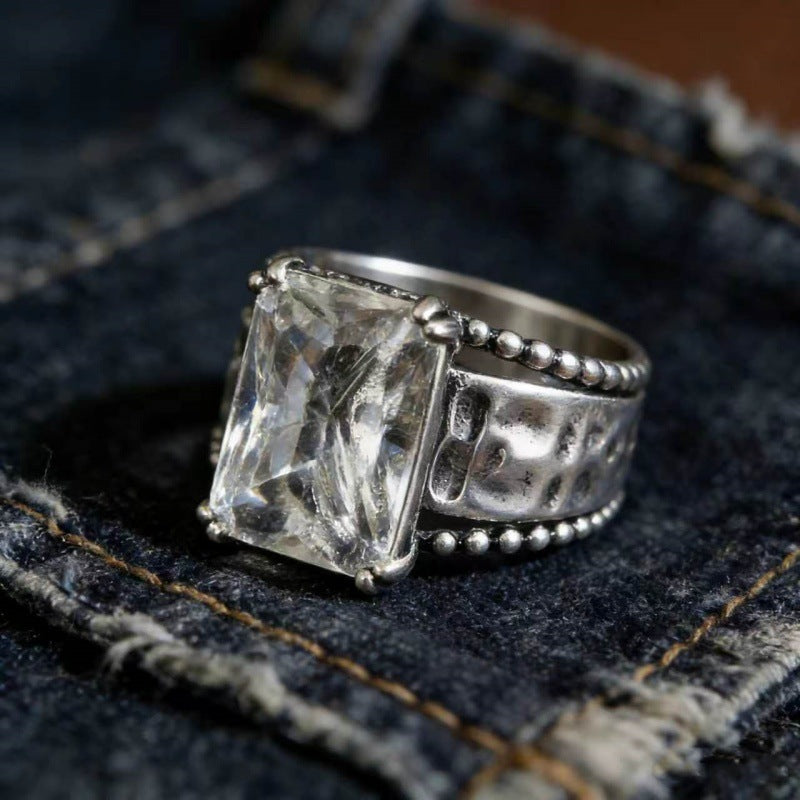 Vintage Hammered Multi Band Statement Ring Princess Cut Diamond Wide Band Retro Sterling Silver Ring Boho Punk Stackable Ring For Women Men Party Jewelry