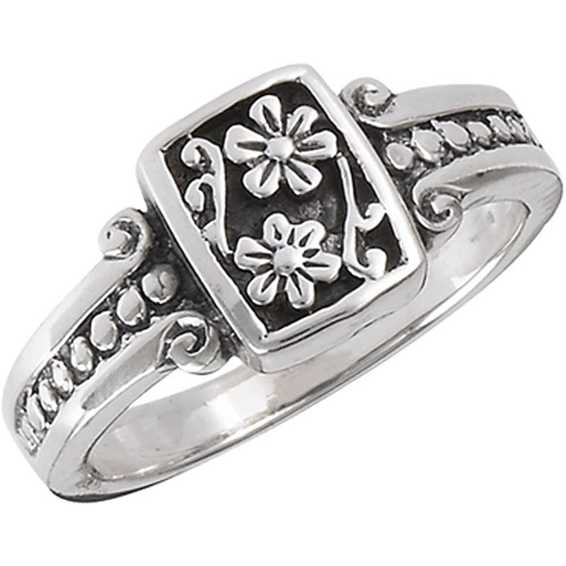 Vintage Floral Engraved Solid Silver Ring Retro Rectangle Flower Pattern Statement Ring For Women