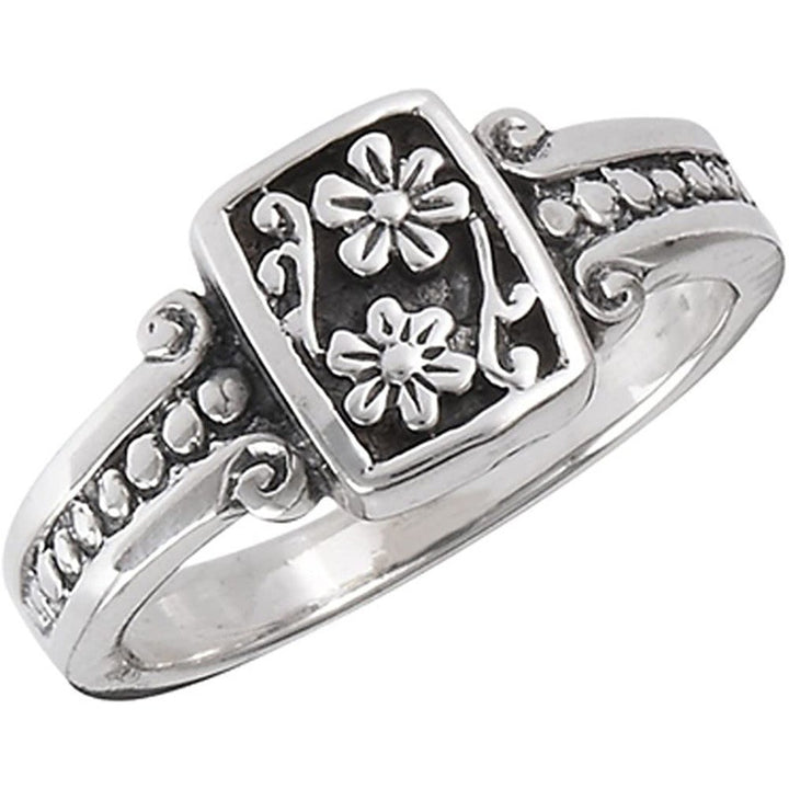 Vintage Floral Engraved Solid Silver Ring Retro Rectangle Flower Pattern Statement Ring For Women