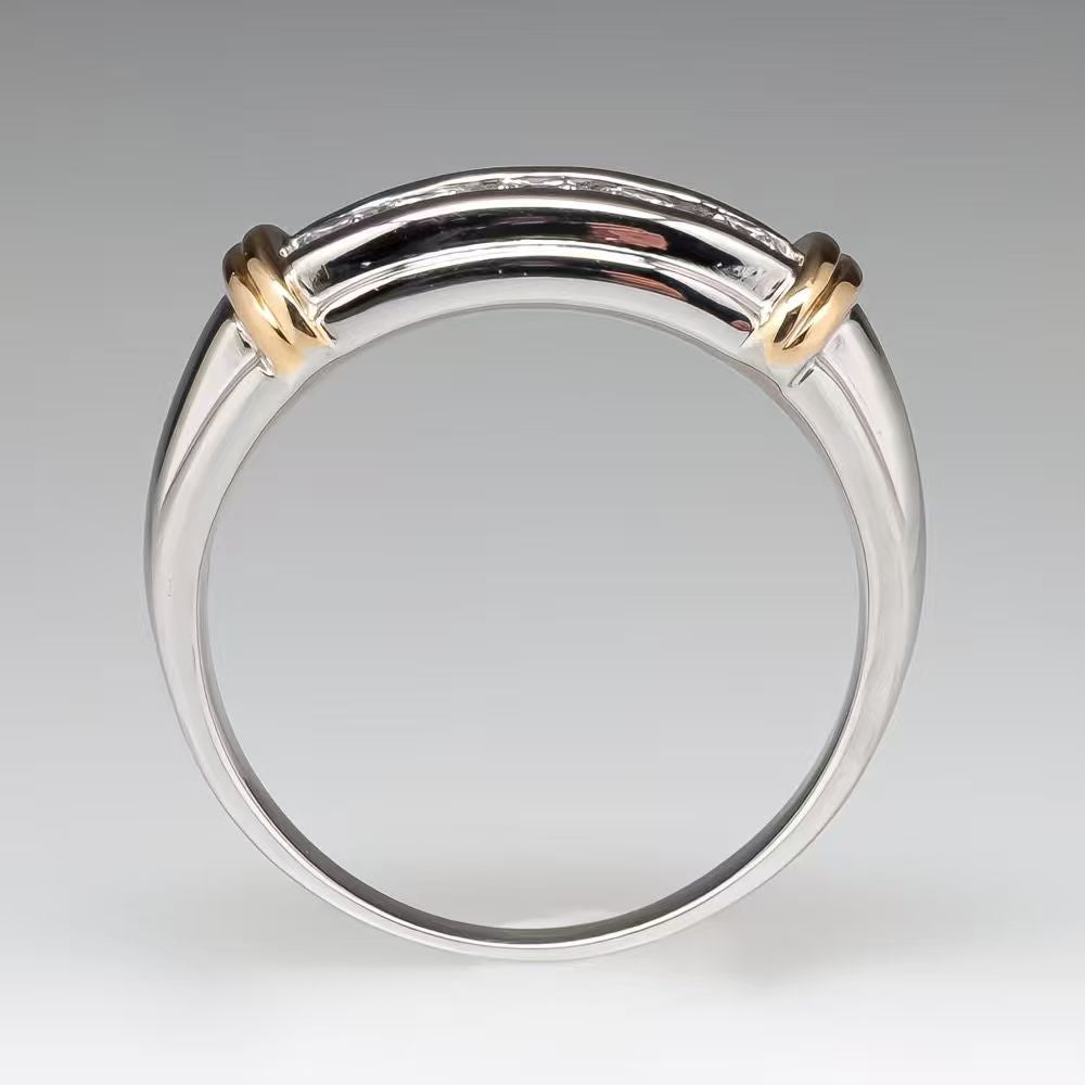 Two Tone Channel Set Diamond Men Band Ring Classic Business Finger Ring