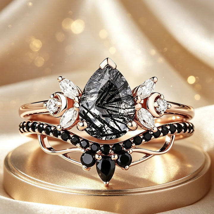 Black Hair Crystal Ring Set Women Rose Gold Stacking Double Ring Diamond Luxury Jewelry Gift