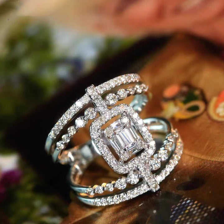 Baguette Cut Diamond Halo Statement Ring Multi Layer Intertwined Band Stackable Ring