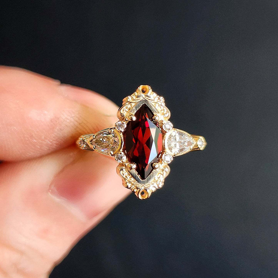 Vintage Marquise Red Gemstone Three Stone Ring Ornate Filigree Halo Diamond Accent Promise Ring Antique Gothic Bridal Statement Ring